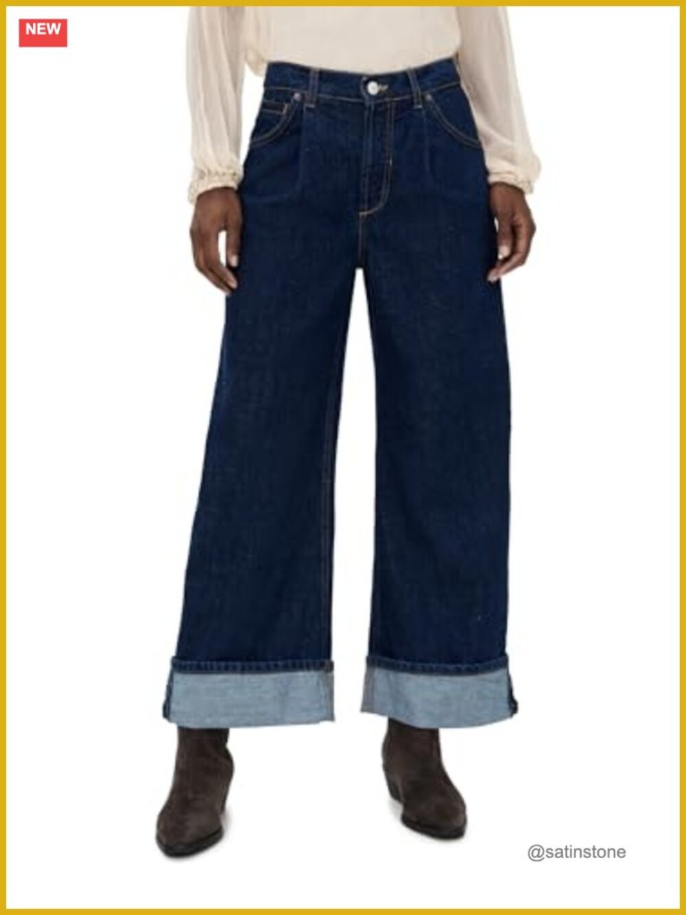 Alia Wide Leg High Rise Jeans Mid-Weight Non-Stretch Denim Cuffed Hem